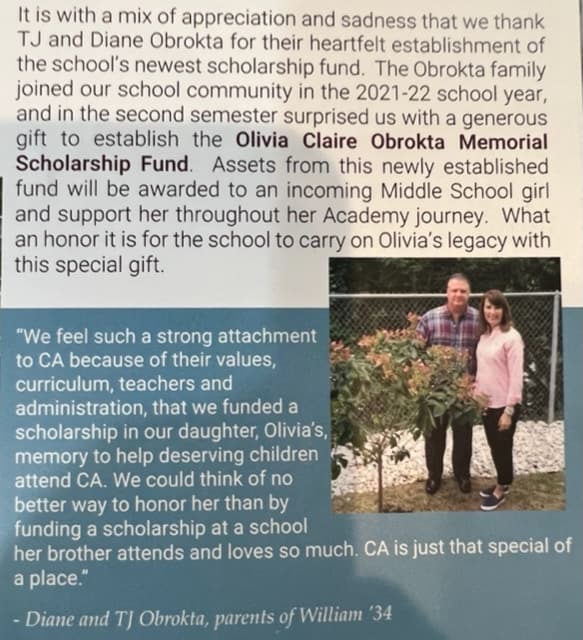 Article on the Olivia Claire Obrokta Memorial Scholarship Fund